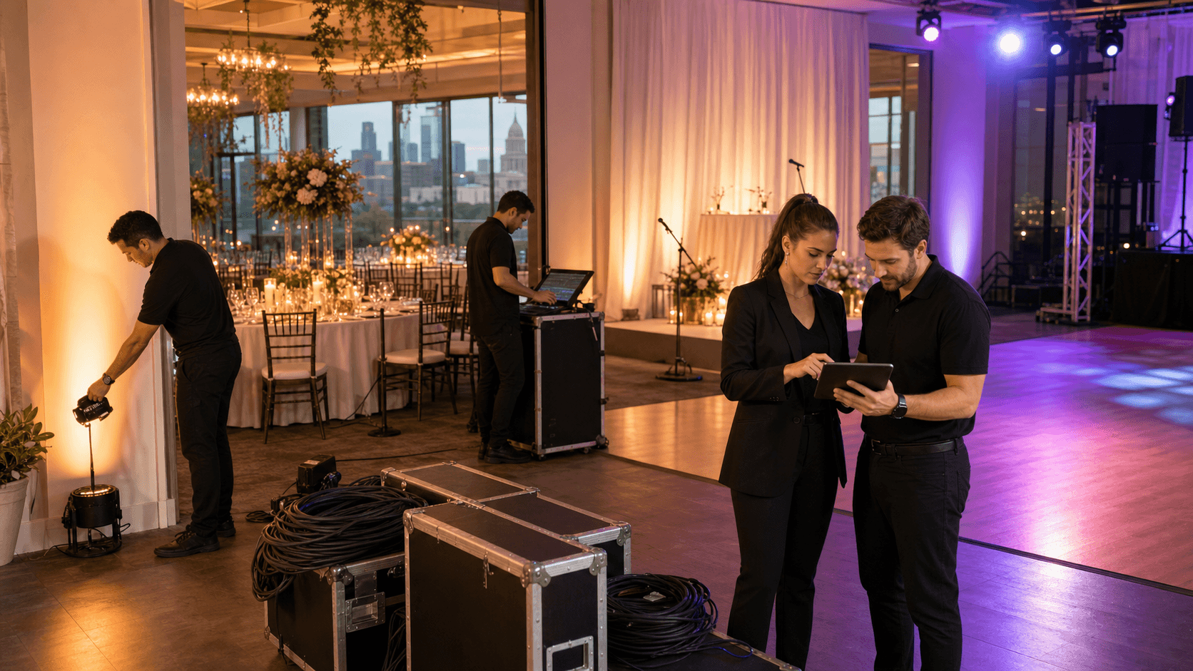 Modern event venue with purple uplighting, warm string lights, and a glowing dance floor beneath hanging fixtures