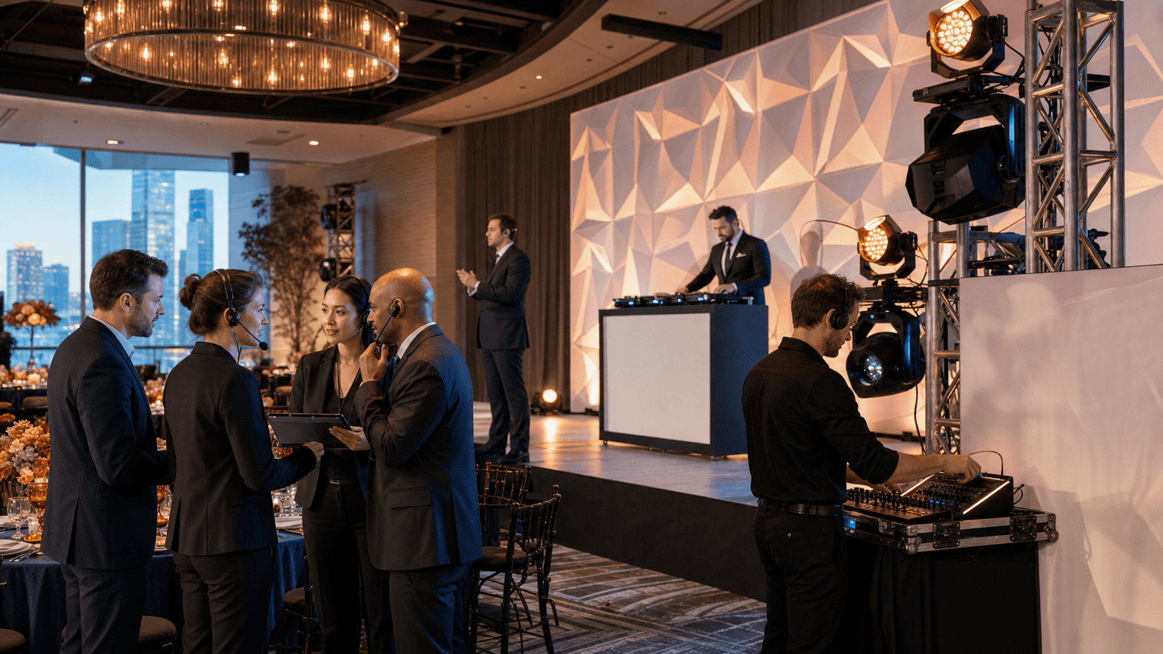 Neon-lit gala ballroom stage with DJ booth, spotlight beams, and event cue sheets on a clipboard in the foreground.