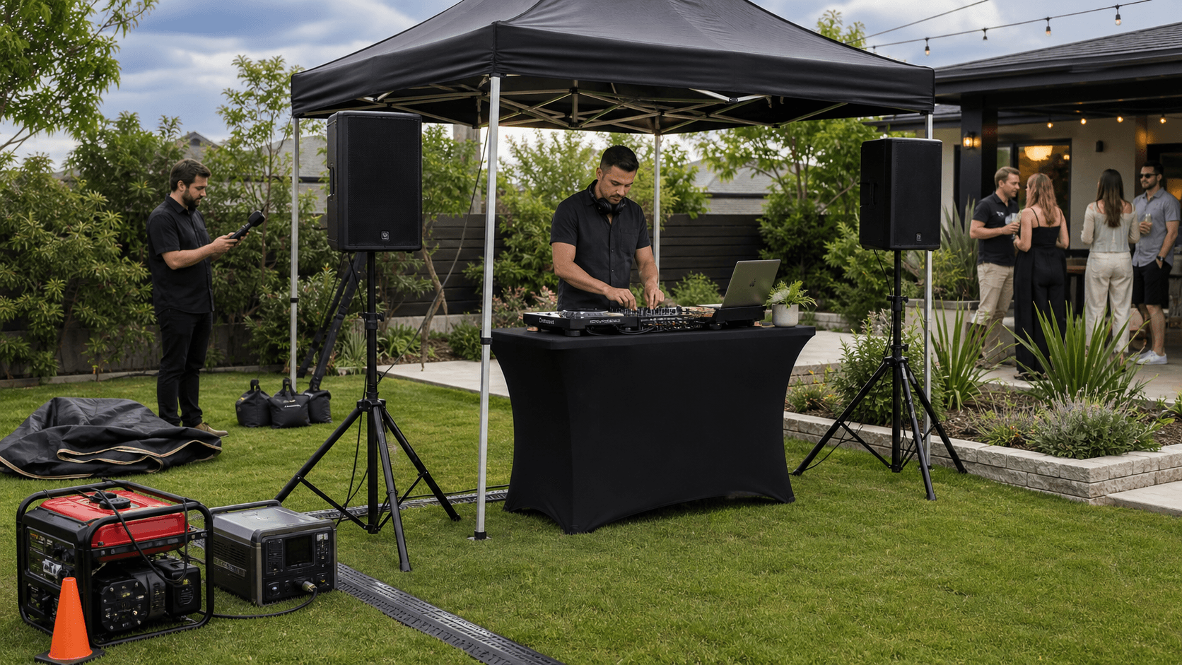 DJ table with mixer and speakers under string lights in a backyard at sunset, with power cables and canopy nearby