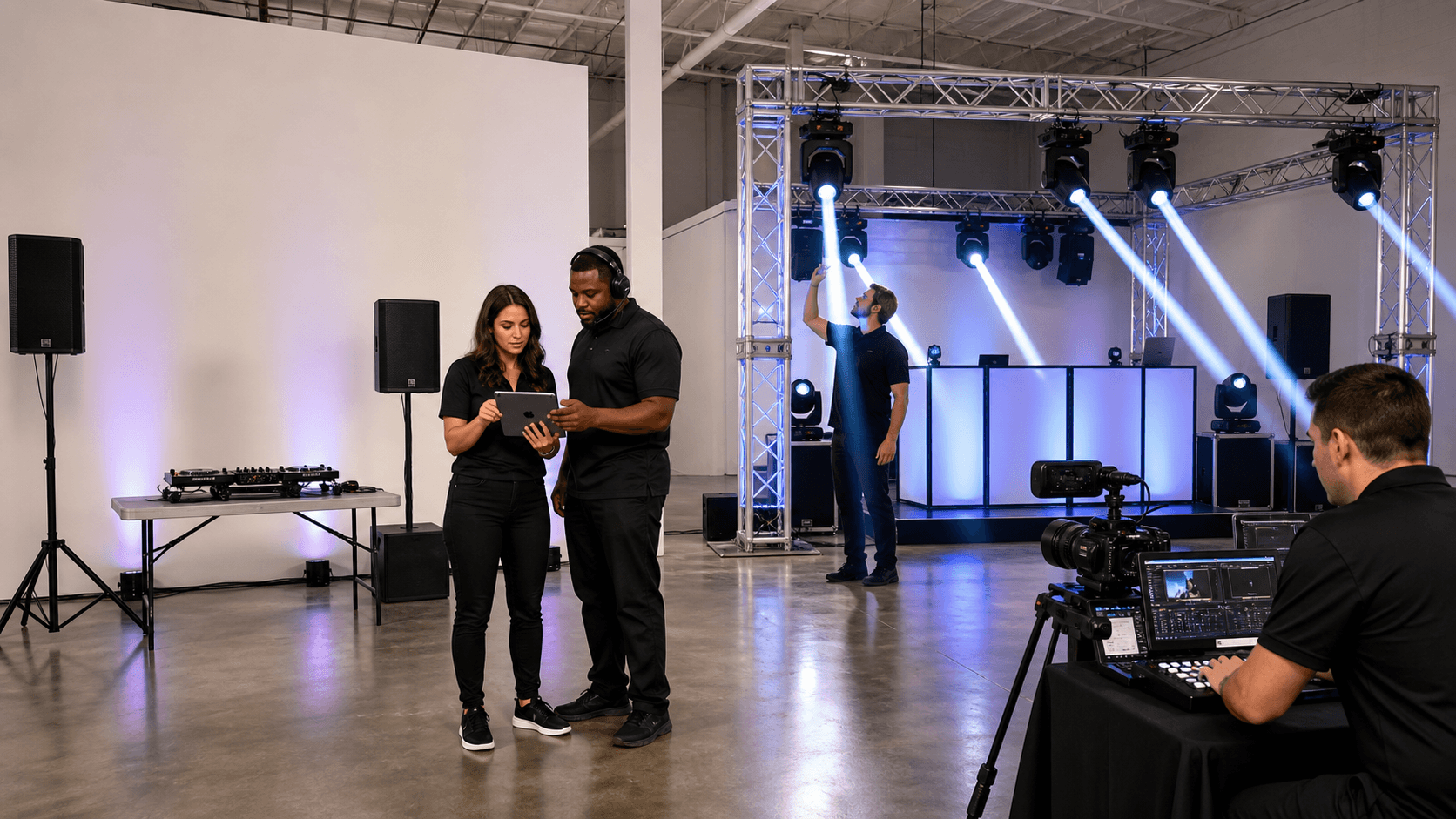 Split-screen stage setup with simple lights on one side and vibrant LED wall, spotlights, and truss on the other
