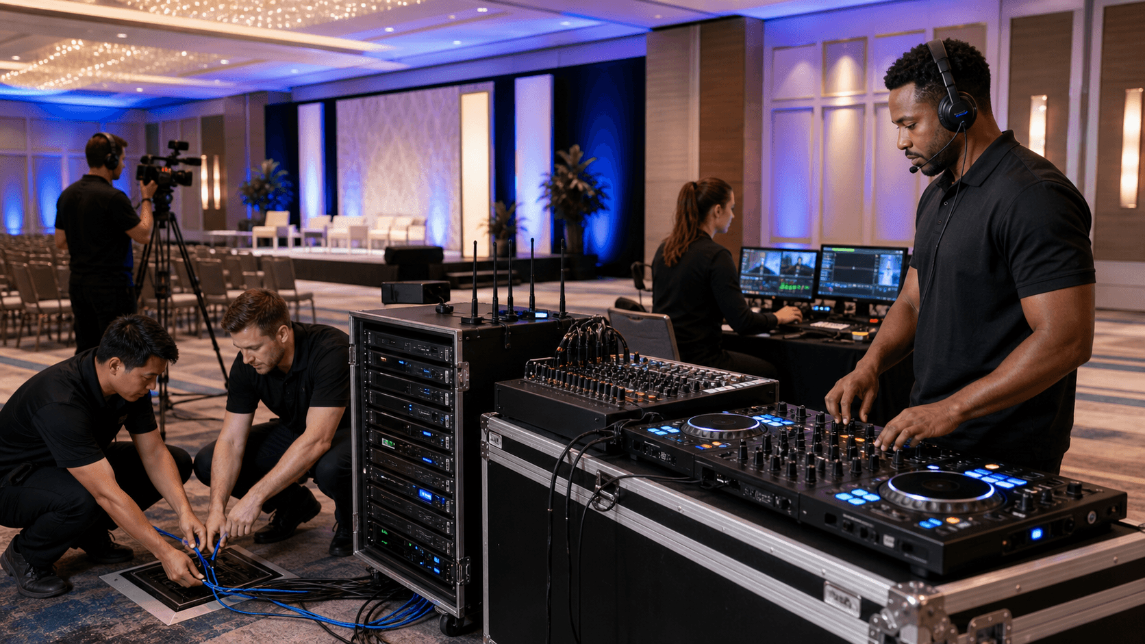 DJ at mixing console with laptop and cables, blurred stage lights and large screens in a dim conference hall.