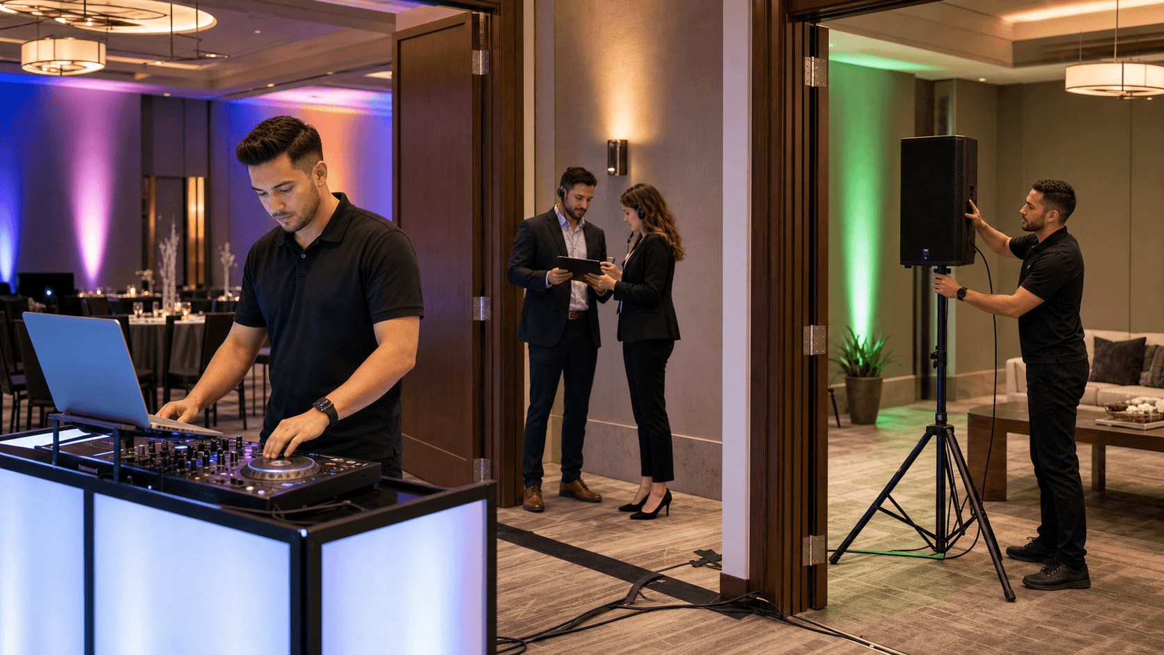DJ in headphones mixing on a laptop beside colorful LED speakers in a modern conference room at night