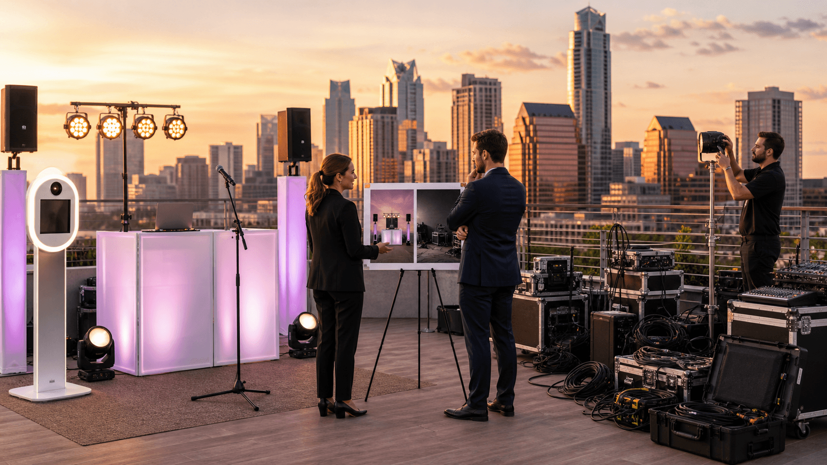 Split-screen Austin skyline with bundled travel icons on one side and separate bookings on the other.
