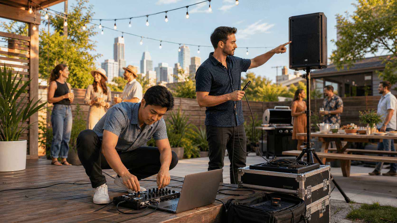 DJ mixing console with colorful LED lights on a table at dusk, backyard string lights glowing in the background