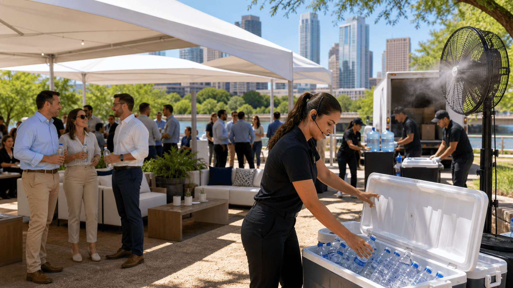 Sunlit outdoor corporate gathering under white canopy tents, with water stations and people in business casual attire