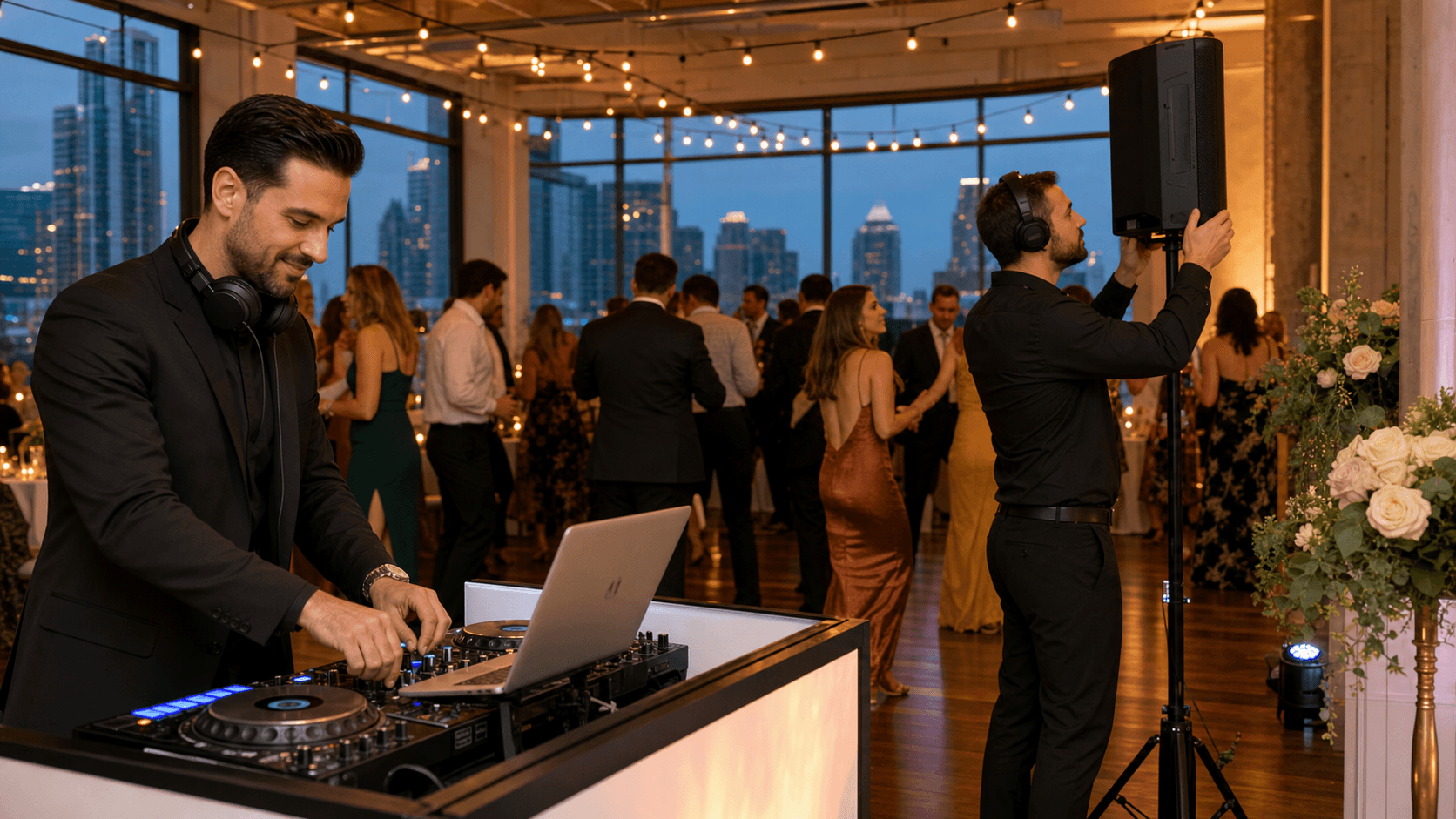 Neon-lit DJ booth with turntables and laptop, colorful lights over a dance floor in a dim wedding reception hall.
