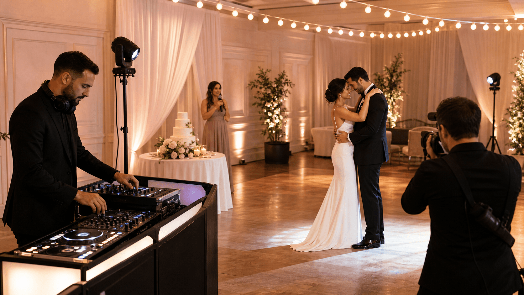 Warm uplighting frames a couple’s first dance as a DJ booth glows with soft spotlights in a dim ballroom