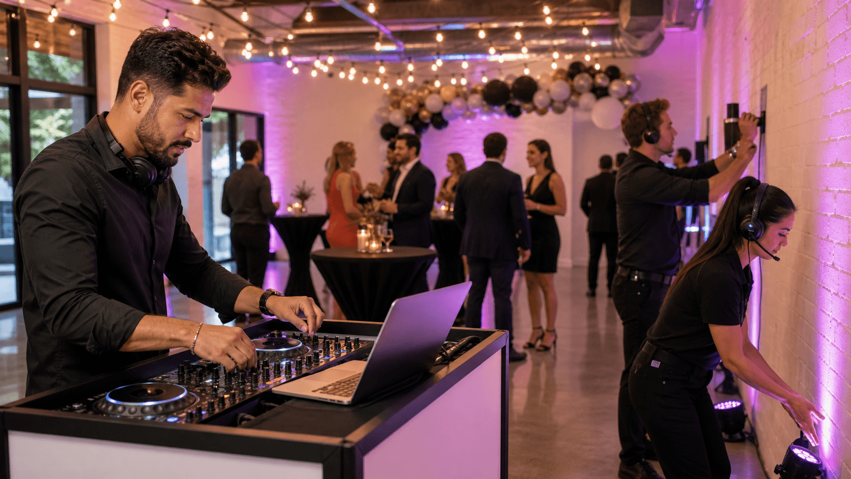 DJ booth with turntables under colorful neon lights, dancing crowd silhouettes in a small, cozy venue.