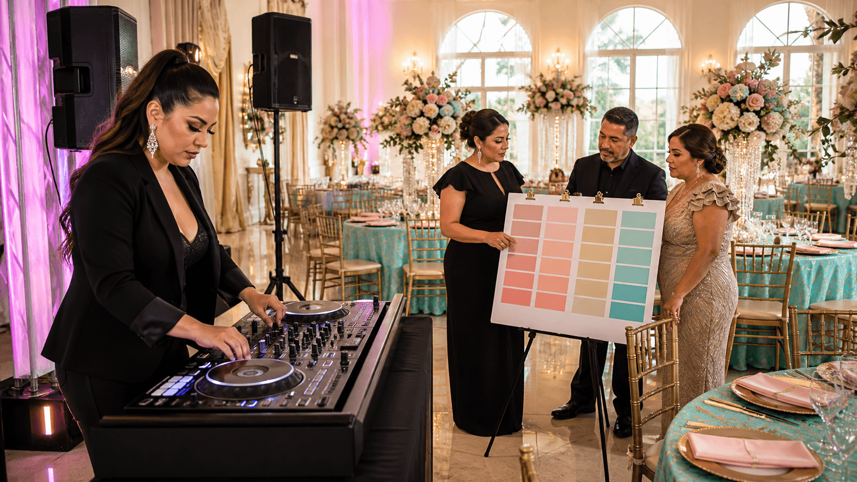 DJ booth with purple uplighting, gold balloons, and a packed quinceañera dance floor in an Austin ballroom
