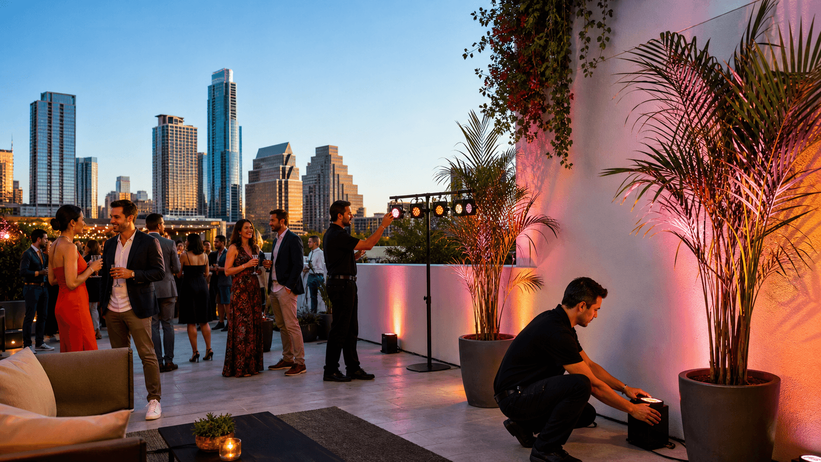 Sunlit outdoor party with pastel string lights, floral decor, and guests mingling under a white tent in spring colors