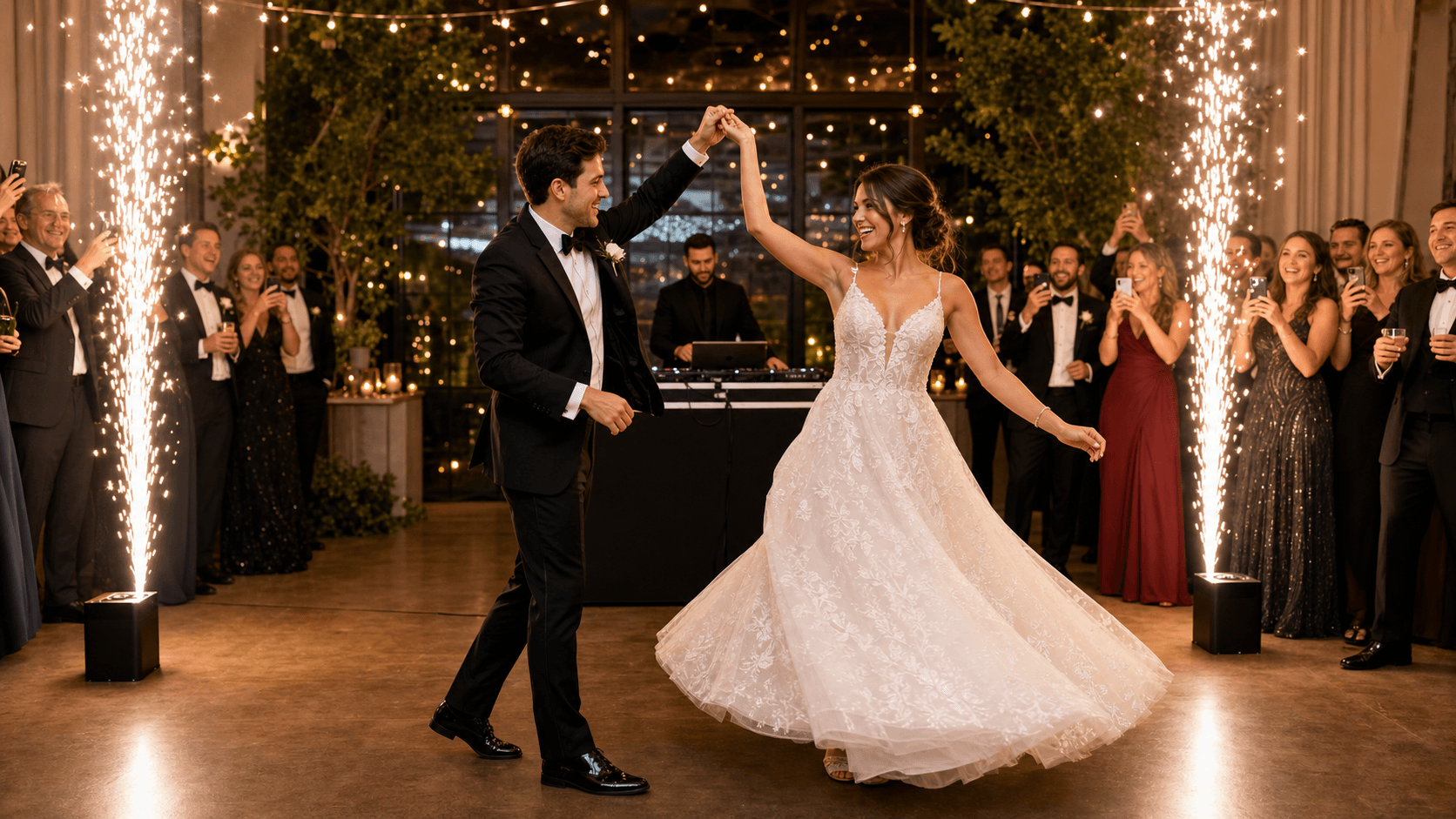 Bride and groom dancing on a dim dance floor as bright gold cold sparks shoot upward behind them