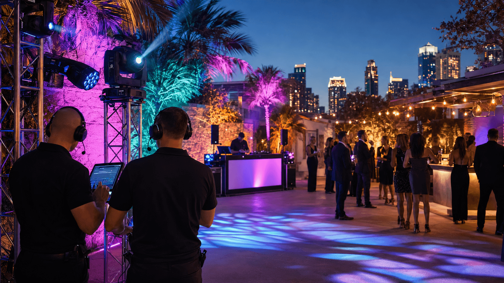 Colorful stage lights and laser beams wash an outdoor patio at night, with silhouetted guests dancing under a canopy
