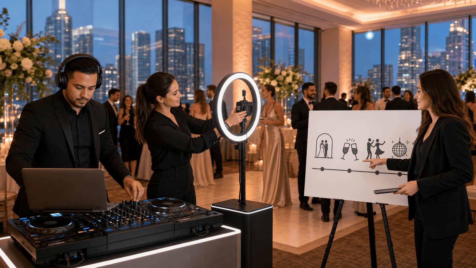 Minimal wedding timeline graphic with DJ turntable and photo booth icons on a teal background, white text blocks
