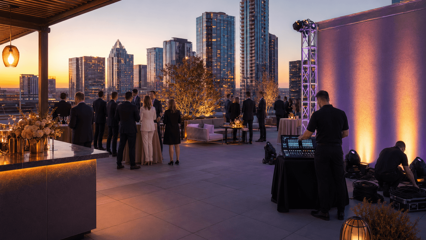 Purple and blue spotlights beam across a modern banquet hall with round tables, a lit stage, and ceiling uplights